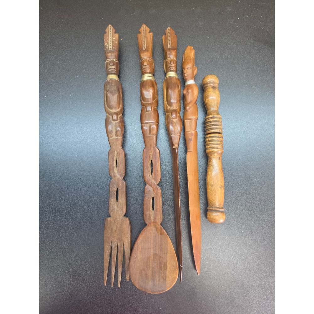 Vintage Hand Carved African Tribal Wooden Utensil Set Fork Spoon Letter Opener